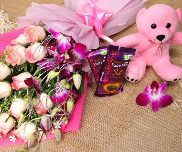 Roses With Chocolates And Teddy