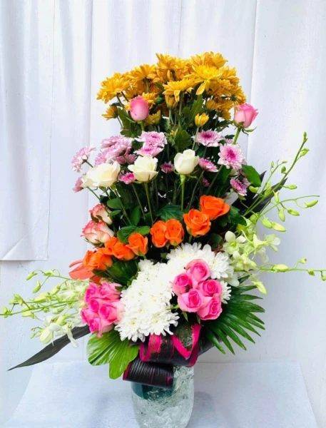 Premuim Vase Bouquet ARRANGEMENT OF ROSES, CHRYSANTHEMUMS, ORCHIDS