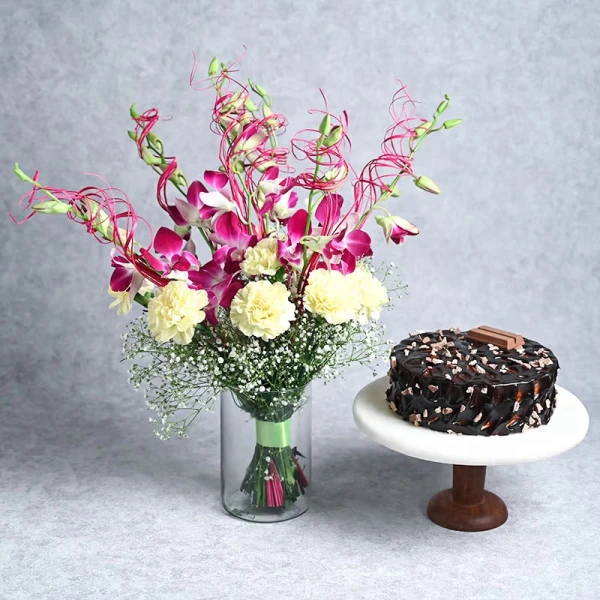 Orchid Carnation Charm With Kitkat Cake