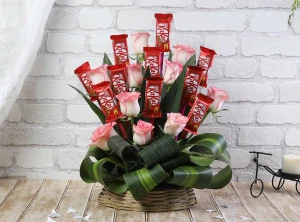 Baby Pink Roses With Kitkat Basket Arrangement