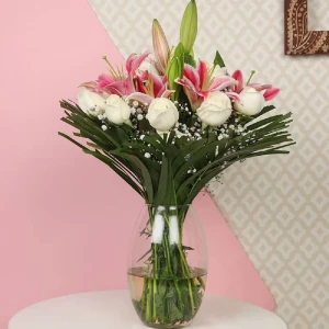 Lilies And Roses In Vase